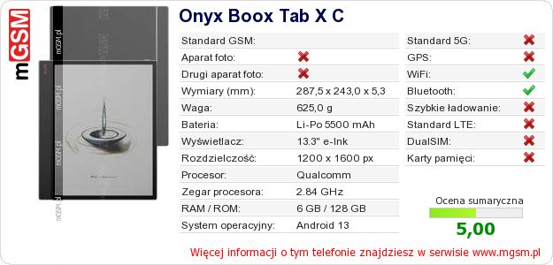 Dane telefonu Onyx Boox Tab X C