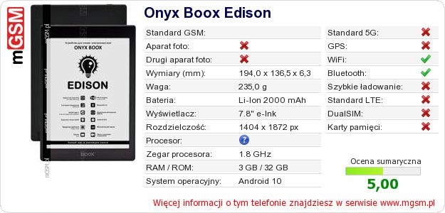 Dane telefonu Onyx Boox Edison Dane telefonu Onyx Boox Edison
