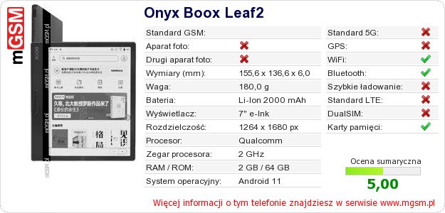 Dane telefonu Onyx Boox Leaf2