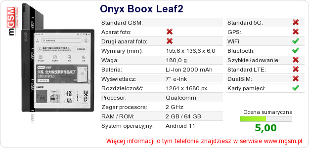 Dane telefonu Onyx Boox Leaf2