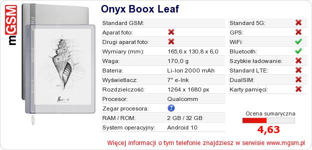 Dane telefonu Onyx Boox Leaf