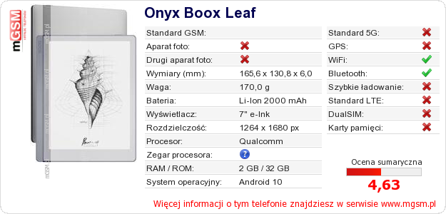 Dane telefonu Onyx Boox Leaf