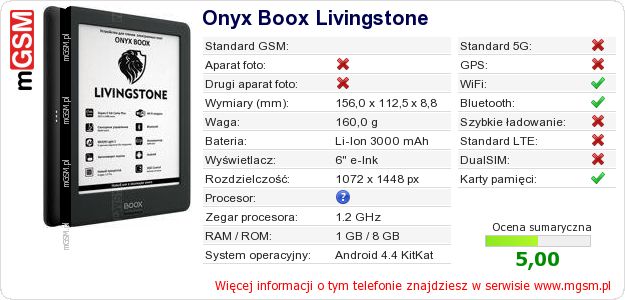 Dane telefonu Onyx Boox Livingstone