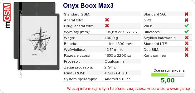 Dane telefonu Onyx Boox Max3 Dane telefonu Onyx Boox Max3
