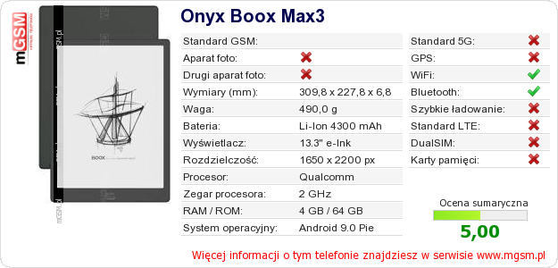 Dane telefonu Onyx Boox Max3 Dane telefonu Onyx Boox Max3