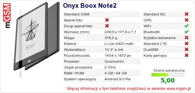 Dane telefonu Onyx Boox Note2 Dane telefonu Onyx Boox Note2