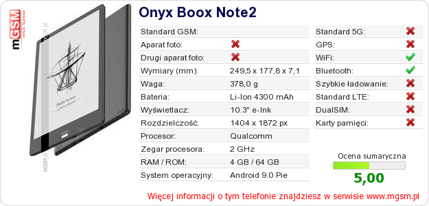 Dane telefonu Onyx Boox Note2