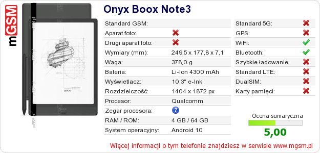 Dane telefonu Onyx Boox Note3 Dane telefonu Onyx Boox Note3