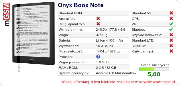 Dane telefonu Onyx Boox Note