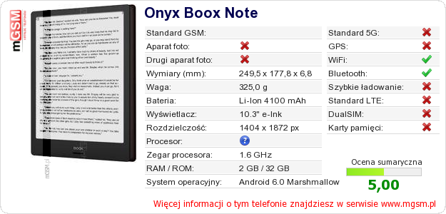 Dane telefonu Onyx Boox Note