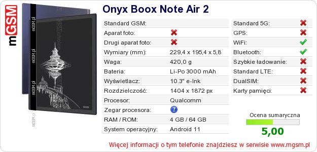 Dane telefonu Onyx Boox Note Air 2 Dane telefonu Onyx Boox Note Air 2
