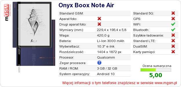 Dane telefonu Onyx Boox Note Air