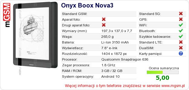 Dane telefonu Onyx Boox Nova3