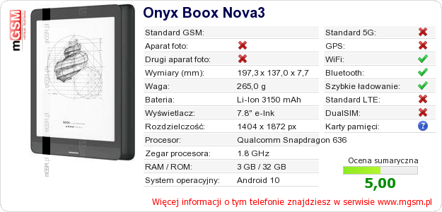Dane telefonu Onyx Boox Nova3