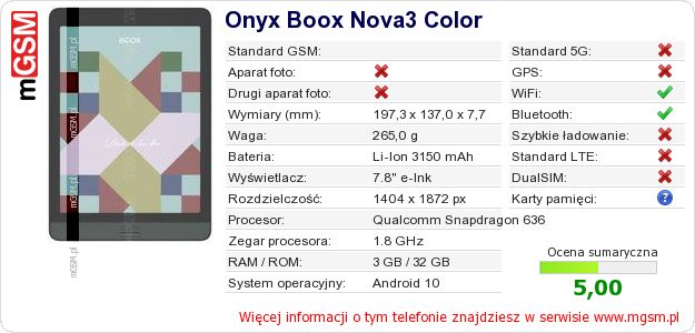 Dane telefonu Onyx Boox Nova3 Color Dane telefonu Onyx Boox Nova3 Color
