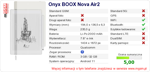 Dane telefonu Onyx BOOX Nova Air2 Dane telefonu Onyx BOOX Nova Air2