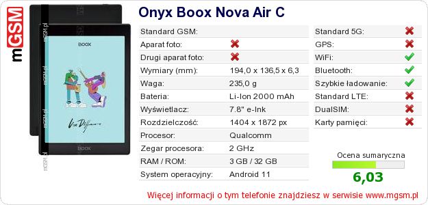 Dane telefonu Onyx Boox Nova Air C Dane telefonu Onyx Boox Nova Air C