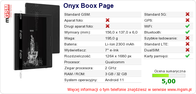 Dane telefonu Onyx Boox Page