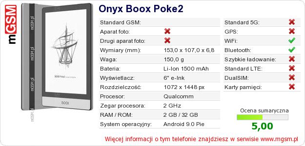 Dane telefonu Onyx Boox Poke2