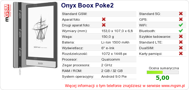 Dane telefonu Onyx Boox Poke2