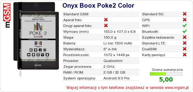 Dane telefonu Onyx Boox Poke2 Color
