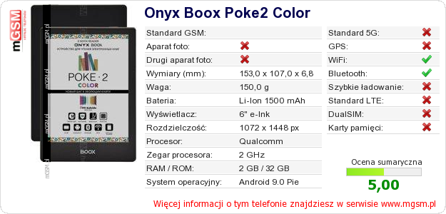 Dane telefonu Onyx Boox Poke2 Color Dane telefonu Onyx Boox Poke2 Color
