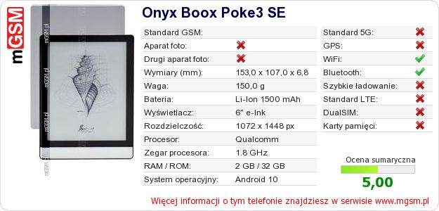 Dane telefonu Onyx Boox Poke3 SE