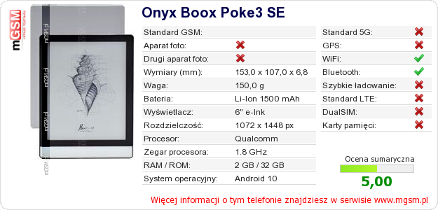 Dane telefonu Onyx Boox Poke3 SE