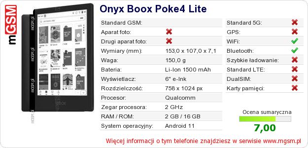 Dane telefonu Onyx Boox Poke4 Lite