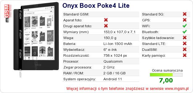 Dane telefonu Onyx Boox Poke4 Lite Dane telefonu Onyx Boox Poke4 Lite