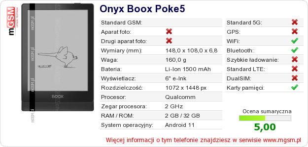 Dane telefonu Onyx Boox Poke5