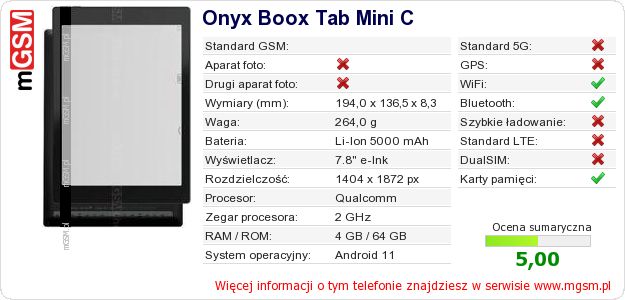Dane telefonu Onyx Boox Tab Mini C