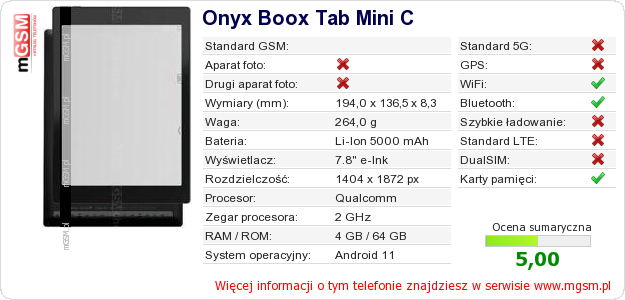 Dane telefonu Onyx Boox Tab Mini C Dane telefonu Onyx Boox Tab Mini C