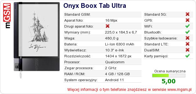 Dane telefonu Onyx Boox Tab Ultra