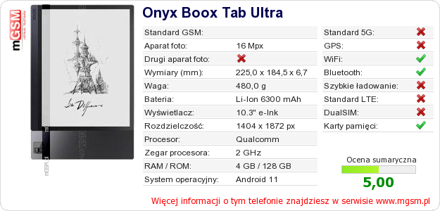 Dane telefonu Onyx Boox Tab Ultra