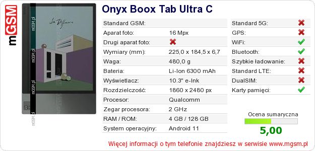 Dane telefonu Onyx Boox Tab Ultra C Dane telefonu Onyx Boox Tab Ultra C