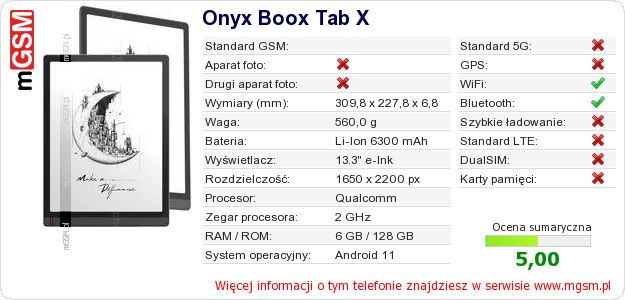 Dane telefonu Onyx Boox Tab X