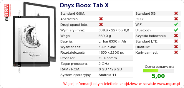 Dane telefonu Onyx Boox Tab X