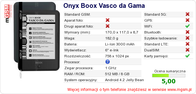 Dane telefonu Onyx Boox Vasco da Gama