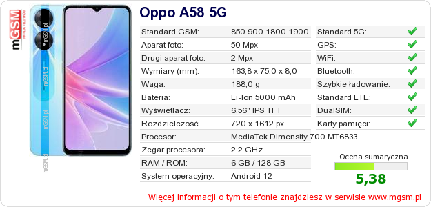Dane telefonu Oppo A58 5G
