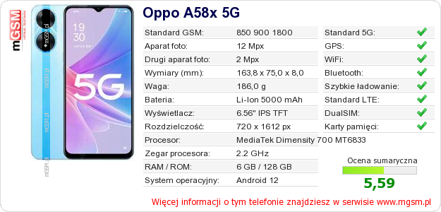 Dane telefonu Oppo A58x 5G