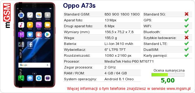 Dane telefonu Oppo A73s