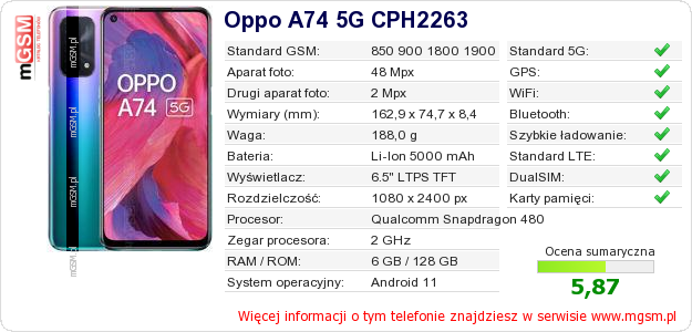 Dane telefonu Oppo A74 5G CPH2263