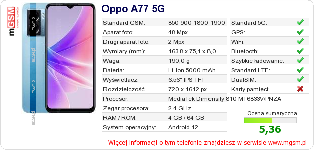 Dane telefonu Oppo A77 5G