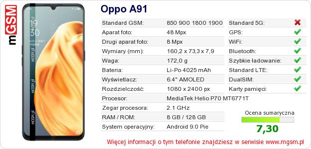 Dane telefonu Oppo A91 Dane telefonu Oppo A91