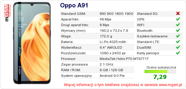 Dane telefonu Oppo A91 Dane telefonu Oppo A91