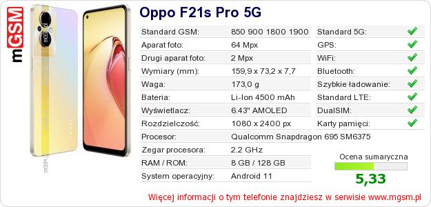 Dane telefonu Oppo F21s Pro 5G Dane telefonu Oppo F21s Pro 5G