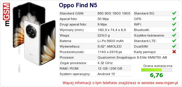 Dane telefonu Oppo Find N5 Dane telefonu Oppo Find N5