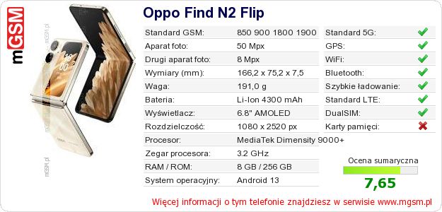 Dane telefonu Oppo Find N2 Flip