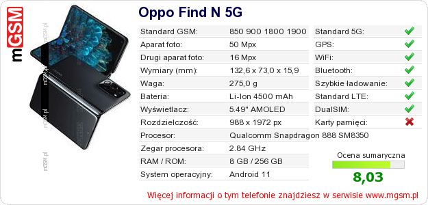 Dane telefonu Oppo Find N 5G